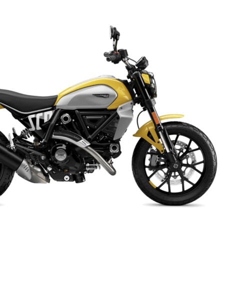 Seitenaufnahme einer silber-gelben Ducati Scrambler